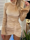 Purpdrank  Fashion Half High Neck Draped Wrap Hip Dress Women's Casual Padded Long Sleeve Slim Mini Dress Elegant Velvet Solid Party Dress