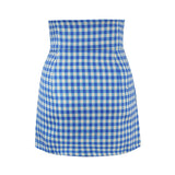 Purpdrank  Fashion Women Blue Plaid Slit High Waist Skirt Women Side Zipper Package Hips A-line Short Skirts Femme