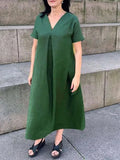Purpdrank  Summer Fashion Elegant Women's Dress V-neck Cotton Linen Solid Color Pleated Short Sleeve Casual Pocket Split Long Dress