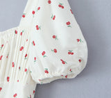 Purpdrank  Retro French Style Fruit Cherry Print Midi Long Dress Puff Sleeve Chest Ruched Bow Square Collar Hem Slit Swing Robe Fairy