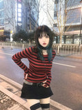 Purpdrank Red Striped Pullovers Gothic Y2k Clothes Emo Girls Long Sleeve Asymmetrical Harajuku Slim Kawaii Retro Pull Femme Sweaters Chic