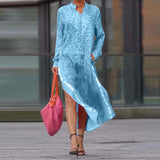 Purpdrank  Vintage Leopard Print Loose Long Dress Women Elegant V-neck Side Split Shirt Dress Fashion Button Long Sleeve Pocket Party Dress