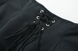 Purpdrank  Holiday Front Cross Lacing up Bandage Bow Zipper Waist Mini Skirt Women White Spliced Lace Hem Ruched Swing A-lined Skirts Black