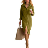 Purpdrank  Women's Corduroy Maxi Dress Lapel Collar Button Down Long Sleeve Casual Shirt Dress With Pockets Loose Side Slit Office Dresses