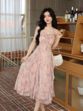 Pink Print French Strap Dress Women Chiffon Elegant Evening Party Midi Dress Female Ruffle Korean Sweet fairy Dress Summer