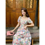 Purpdrank  Elegant Sweet Forest System Rural Style Slimming Floral Long Dress Retro Oil Painting Dress Women Summer A-Line Skirt Short