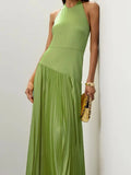Purpdrank  Women Fashion Draped Solid Color Long Dress Sexy Backless Hollow Out Party Dress Elegant Halter Lace-up Sleeveless Gowns Dress