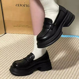 Purpdrank  Women's Retro British Style Black Leather Shoes 34-46 Large Size Uniform Single Shoes Thick Bottom Flat Heels round Toe