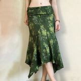 Purpdrank  Vacation Style Retro Green Flower Print Irregular Design Low Waist Long Skirt Casual Skirt