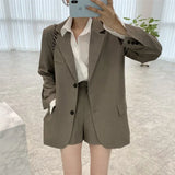 Purpdrank  Korean Chic Women Short Suits Autumn New Blazer + High Waist Wide Leg Shorts 2 Pieces Office Ladies Two Piece Jacket Outfits