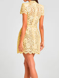 Purpdrank  Yellow Sexy Hollow Out Embroidery Sheer Lace Dress for Women 2025 Fashion Short Sleeve O-Neck Retro Summer Dresses Party Prom
