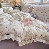 Purpdrank  Korean Style Girly Heart Floral Double Layer Gauze Four-Piece Set Princess Style Lace Trim Quilt Cover Bed Sheet Dormitory
