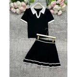 Purpdrank  Summer 2 pieces Knitted Women's Sets Polo Collar Short Sleeve Tops and Pleated Sexy Mini Skirts Outfits Suit for Female
