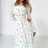 Purpdrank  Elegant Floral Long Dress Women's Summer Fashion High Waist Bell Sleeve Knitted Gown Casual Commute Style Universal Fit