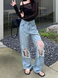 Purpdrank  Lace Spliced Ripped Jeans Female Vintage Fashion Loose Wide-leg Denim Trousers Casual Lazy Chic Light Blue Straight Pants Mujer