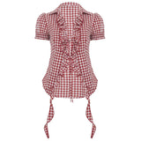 Purpdrank  Retro Red Checkered Shirt Top Women's Pleated Lace Up Bubble Sleeve Short Sleeved T-shirt