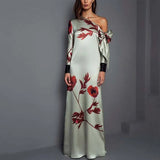 Purpdrank  Elegant Slanted Neck High Waist Straight Dresses Vintage Bow Tie Up Long Sleeved Party Dress Lady Casual Floral Print Robe Dress
