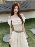 Purpdrank  French Style Summer Elegant Women 2 Piece Set Y2k Ruffle Off Shoulder Crop Top High + Waist A-line Long Skirt Female Outfits New