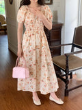 Purpdrank  Summer Cute Floral Printed Puff Sleeve Women's Dress 2025 New Square Collar Casual Loose Umbrella Long Dress Female