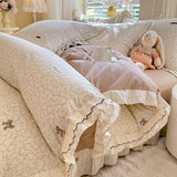 Purpdrank  Korean Princess Style Floral Prints Ruffles Bedding Set Double Layer Yarn 100% Cotton Duvet Cover Pillowcases Bed Sheet 4Pcs