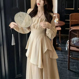 Purpdrank  Pure Desire Wind Set Autumn New Style Square Collar Irregular Belly Covering Top Mesh Half Skirt Two Piece Set Women's Wear