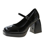 Purpdrank  Vintage Chunky High Heels Mary Jane Shoes for Women Patent Leather Platform Pumps Woman Square Toe Thick Heel Black Lolita Shoes