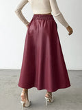 Purpdrank  Women's Angola Red Elastic Waist PU Leather Long Skirt, Elegant A-line Skirts, Ladies Fashion, Autumn, Winter