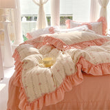 Purpdrank  Fashion Flower Bedding Set Bed Sheet Cute Princess AB Double Sided Ruffle Flower Quilt Cover Pillowcase Bedclothes Home Textiles