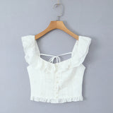 Purpdrank  White Spliced Wood ears Ruffles Embroidery Hollow Out Hole Sexy Corset Women Summer Tank Tops Slim Through Buttons Crop Top