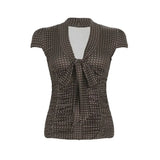 Purpdrank  American Retro Women T Shirts Brown Polka Dot Button Lace Up Slim Fit T-shirt Casual Street Short Sleeved Harajuku Tee