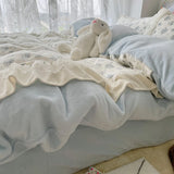 Purpdrank  3/4Pcs Vintage French Floral Lace Ruffles Winter Warm Milk Velvet Bedding Set Single Queen King Duvet Cover Bed Sheet Pillowcase