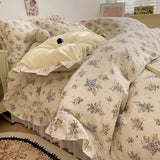 Purpdrank  3/4Pcs Vintage French Fresh Floral Lace Ruffles 100% Cotton Bedding Set Duvet Cover Bed Skirt/Bed Sheet/Fitted Sheet Pillowcases