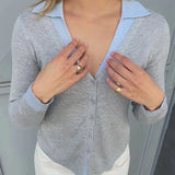 Purpdrank  Fake 2 Piece Knitted Cardigans Y2k Preppy V-neck Layered Collar Patchwork T-shirt Front Button Closure Slim Fit Cropped Sweater