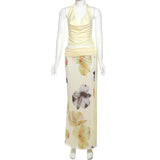 Purpdrank  Sexy Halter Three Piece Women Summer Dress Sets 2025 Fashion Swinging Collar Backless Cropped Top and Print Floral Long Skirts