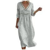 Purpdrank  Women's Casual Cotton Linen Dress Elegant Lace Trim Openwork V Neck Solid Color Loose Fit Summer Dress Boho Flowy Office Dresses