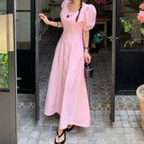 Purpdrank  Chic Summer Women's Long A-Line Dress round Neck Bubble Sleeve High Waist Slimming Gown Korean Style Commute Friendly Polyest...