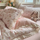 Purpdrank  Korean Style Girly Heart Floral Double Layer Gauze Four-Piece Set Princess Style Lace Trim Quilt Cover Bed Sheet Dormitory