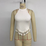 Purpdrank  Solid Color Holiday Ethnic Style Knit Tank Top Women's Retro Casual Slim Boho Fringed Hem Crop Top Summer 2025 New