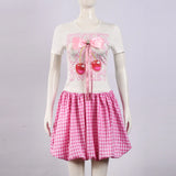 Purpdrank  Sweet Pink Checkered Plaid Bubble Skirt Sets Women 2025 Summer Fashion Two Piece Bowknot Printed Tees and Mini Tutu Skirt Suits