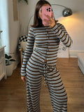Purpdrank  Casual Striped Women's Pants Sets Fashion Single-breast Full Sleeve Shirt Lace Up Long Trousers 2025 Spring Lady Suit Commuting