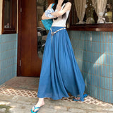 Purpdrank  High Waist Cotton and Linen Bohemian Women's Long Skirts Sashes 2025 New Spring Summer Vintage Solid Pleated Skirts
