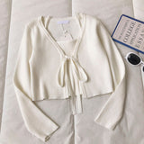 Purpdrank - Casual Fashion 2 Piece Set Women Solid V-neck Long Sleeve Lace Up Short Knitted Cardigan and Camis Knitwear Elegant