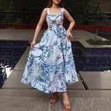 Purpdrank   Summer Women's Tropical Leaf Print Maxi Dress Spaghetti Strap Ruffle Trim Fitted Waist Tiered Flowy Beach Vacation Sundress