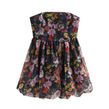 Purpdrank  Sexy Women Black Flower Print Organza Strapless Dress Hem Ruched Swing BUD Party Skater Mini Short Robe