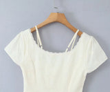 Purpdrank  Retro Beige Hollow Out Embroidery Mini Dress Sweet Girl Short Sleeve A-line Slim Summer Dresses Holiday Robe