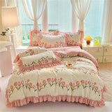 Purpdrank  Fashion Flower Bedding Set Bed Sheet Cute Princess AB Double Sided Ruffle Flower Quilt Cover Pillowcase Bedclothes Home Textiles