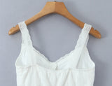 Purpdrank  New Holiday White Spliced Lace Strap Camis Women Summer Open Buttons Front Tie Bow Sashes Tank Tops V neck Ruffles Hem Crop Top