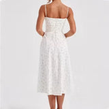 Purpdrank  Sexy White Floral Print Cross Lacing up Bandage Back Sling Dress Women Corset Style Bow Ruched Chest Hem Slit Swing Midi Robe