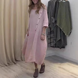 Purpdrank  Summer Fashion New Women's Elegant Loose Cotton Hemp Dress Round Neck Solid Color Half Sleeve Long Dress