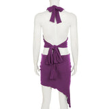 Purpdrank  Sexy Deep V-Neck Sequins Two Piece Women Dress Sets 2025 Summer Fashion Bandage Backless Tube Top and Irregular Mini Skirts Suit